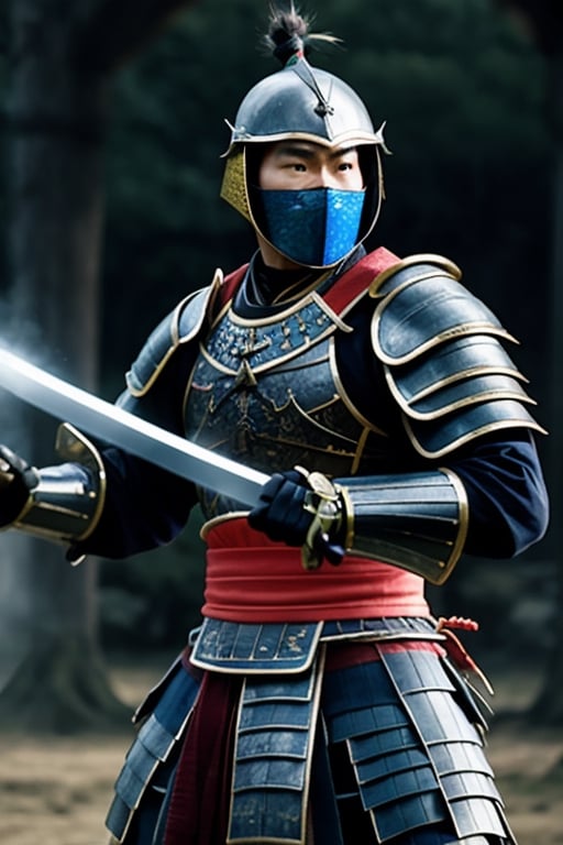 UHD 8K scene, hyper realistic photographic quality, war scene, samurai warrior, complete sumurai armor with blue and red color, fighting with a sumurai sword in his hands.