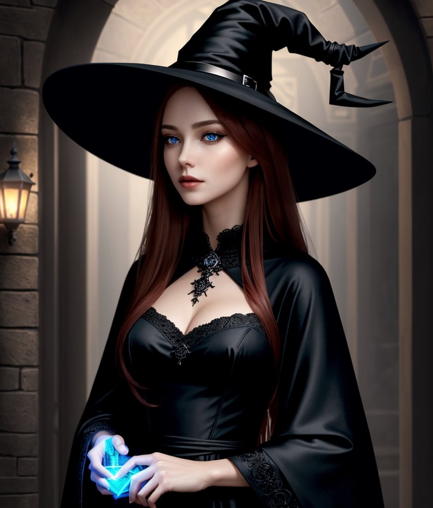 Photorealistic image ((masterpiece)), ((high quality)), intricate, elegant, Highly detailed, majestic, Digital photography, (Masterpiece, Side lighting, beautiful finely detailed eyes: 1.2) UHD 8K, of a beautiful, slim woman and hyperrealistic, (necromancer witch), (medium chest), (thin waist), (long wavy red hair), (blue eyes), ((black dress, witch hat, dark magic))), HDR, (Detailed background yard at night) on halloween