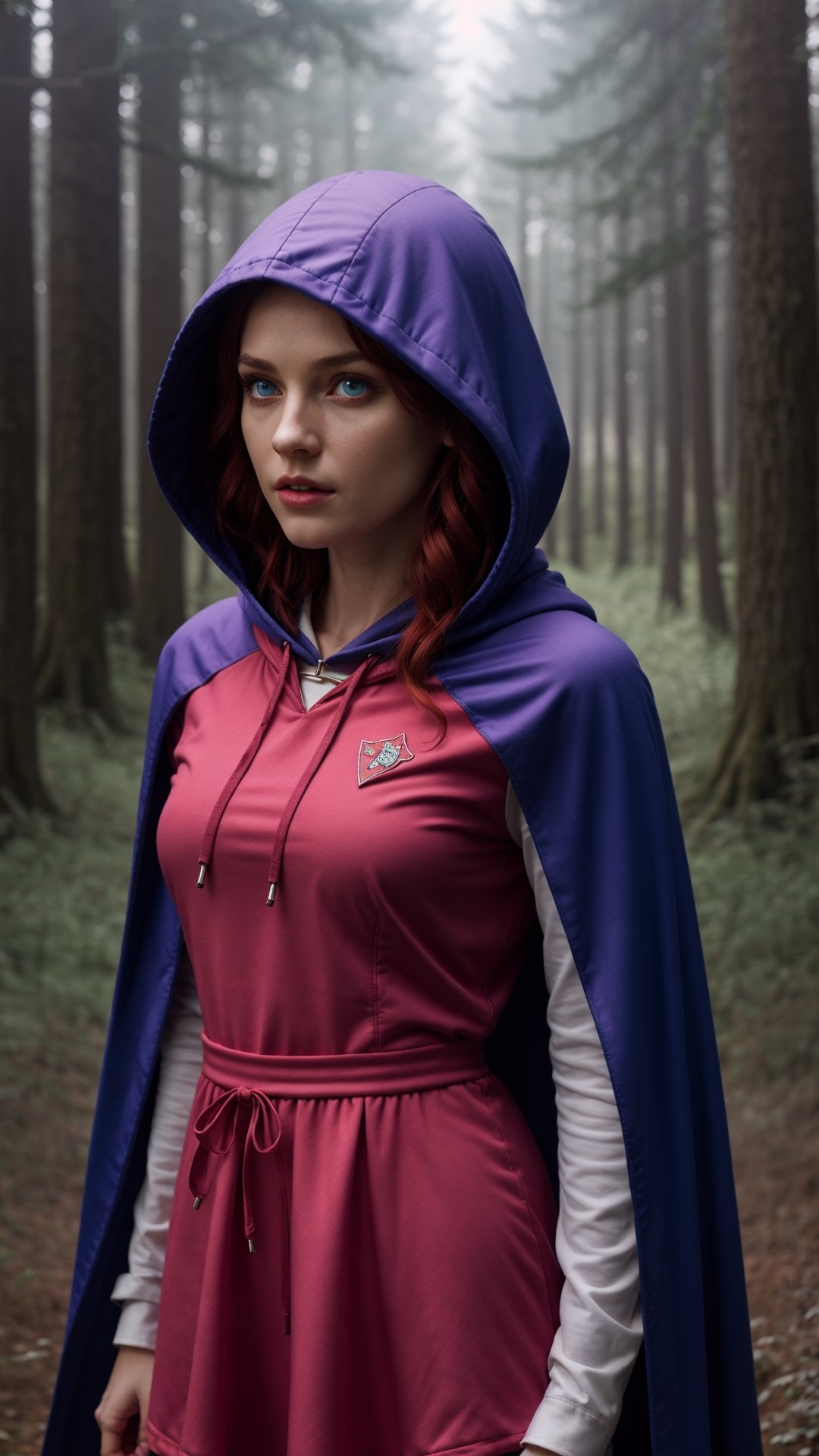 UHD 8K scene, hyper realistic photographic quality, beautiful young girl, red hair, bright blue eyes, 
thief outfit short pink dress, purple hooded cape from Dungeons and Dragons, in the middle of a forest