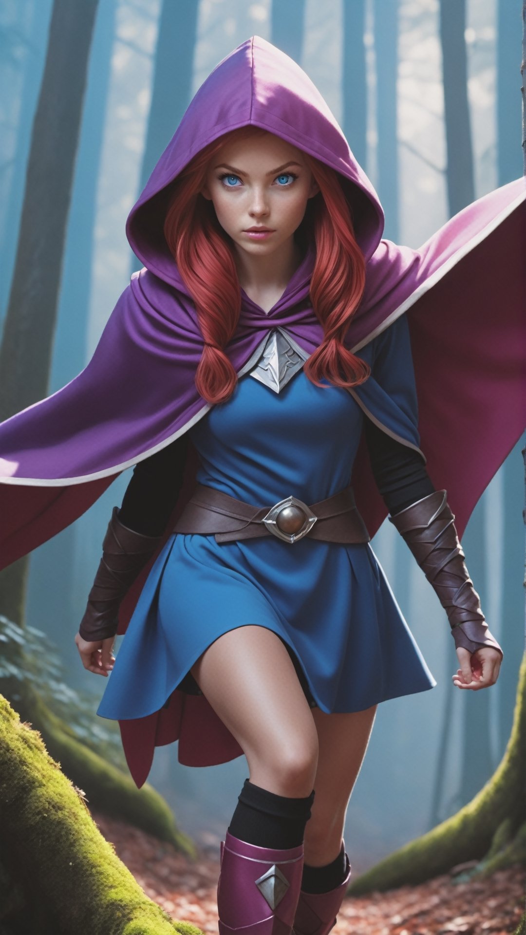 UHD 8K scene, hyper realistic photographic quality, beautiful young girl, red hair, bright blue eyes, 
thief outfit short pink dress, purple hooded cape from Dungeons and Dragons, in the middle of a forest