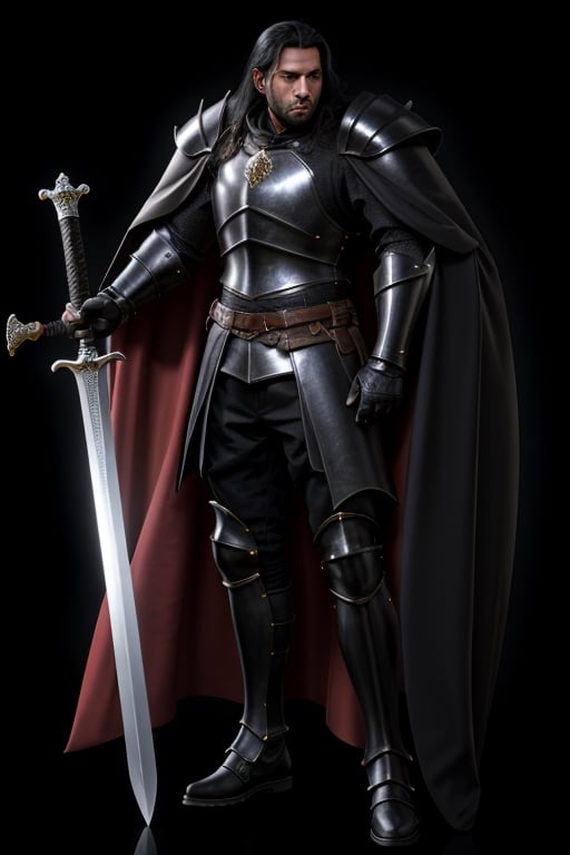 8K UHD photorealistic image, tall strong man, long black hair, black eyes, black full armor, black arm and leg armor, black large armor shoulder pads, black large armor collar, long black cape black color, large claymor sword