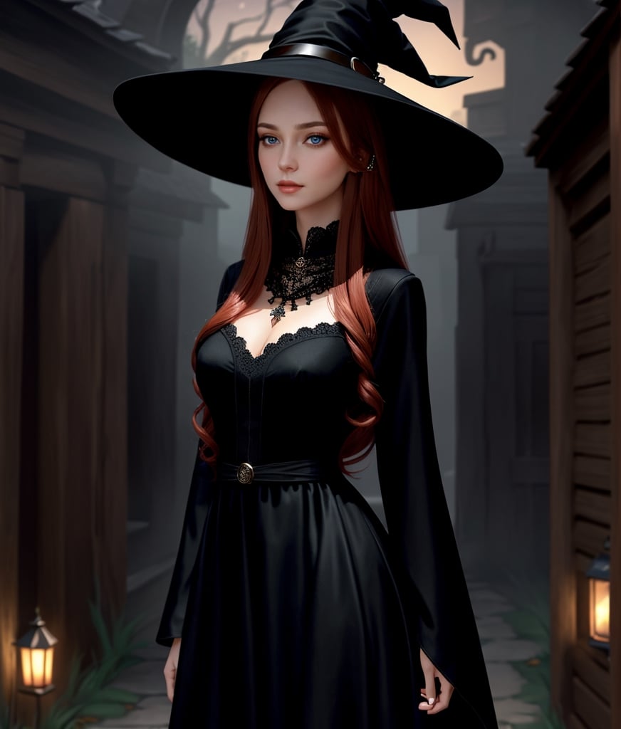 Photorealistic image ((masterpiece)), ((high quality)), intricate, elegant, Highly detailed, majestic, Digital photography, (Masterpiece, Side lighting, beautiful finely detailed eyes: 1.2) UHD 8K, of a beautiful, slim woman and hyperrealistic, (necromancer witch), (medium chest), (thin waist), (long wavy red hair), (blue eyes), ((black dress, witch hat, dark magic))), HDR, (Detailed background yard at night) on halloween