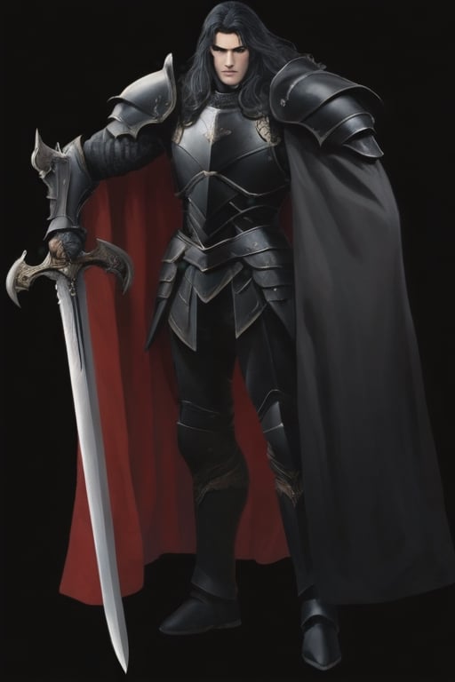 8K UHD photorealistic image, tall strong man, long black hair, black eyes, black full armor, black arm and leg armor, black large armor shoulder pads, black large armor collar, long black cape black color, large claymor sword