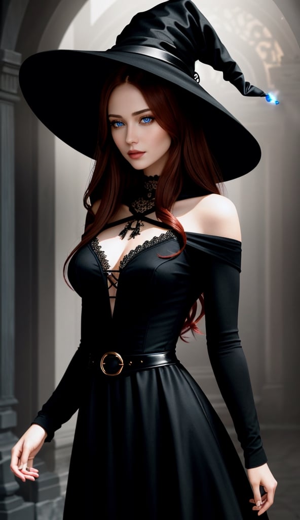 Photorealistic image ((masterpiece)), ((high quality)), intricate, elegant, Highly detailed, majestic, Digital photography, (Masterpiece, Side lighting, beautiful finely detailed eyes: 1.2) UHD 8K, of a beautiful, slim woman and hyperrealistic, (necromancer witch), (medium chest), (thin waist), (long wavy red hair), (blue eyes), ((black dress, witch hat, dark magic))), HDR, (Detailed background yard at night) on halloween