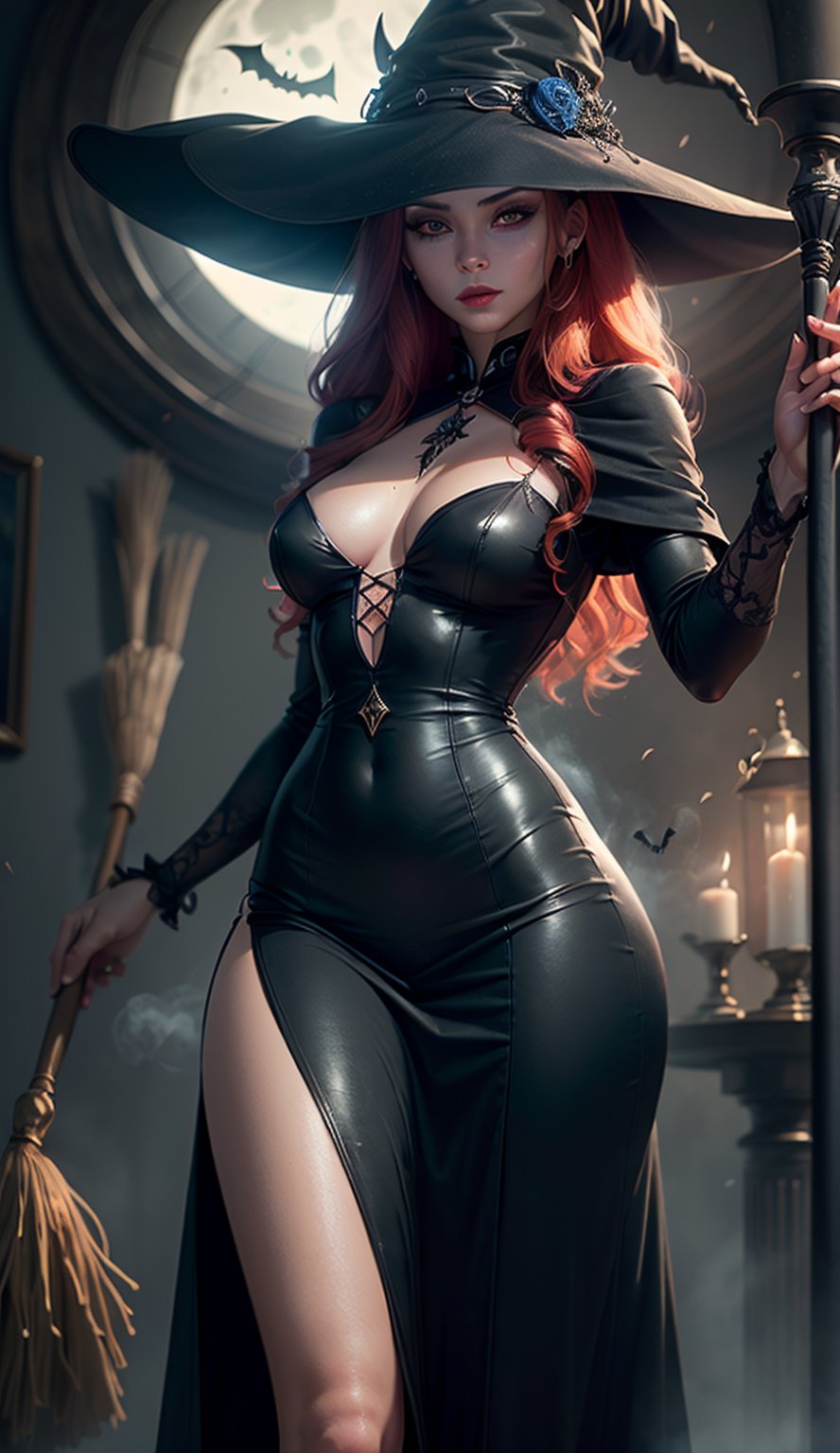 photorealistic,realistic illustration ((masterpiece)),((ultra quality)),((ultra detailed)),((1 young woman)), Perfect anatomy, perfect hands, beautiful body, exceptionally Beauty Waifu Princesse witch, a wand witch in one hand and a broom in the other hand, ((witch clothing long black dress, black witch hat)), long wavy red hair, bright deep red lipstick, ((perfect detailed blue eyes)) , moonlit night,foggy,((Extremely CG Unit 8K Wallpaper)),((cinematic lighting,Best quality lights)),Intricate details,Smooth,Sharp focus,extremely beautiful and aesthetic,Rendering Octane, full-length portrait, white skin, ((Perfect detailed body)), Halloween