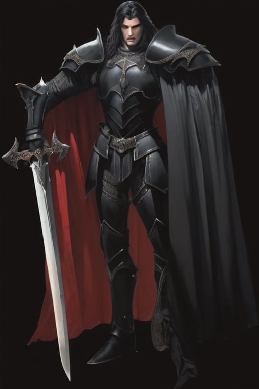 8K UHD photorealistic image, tall strong man, long black hair, black eyes, black full armor, black arm and leg armor, black large armor shoulder pads, black large armor collar, long black cape black color, large claymor sword