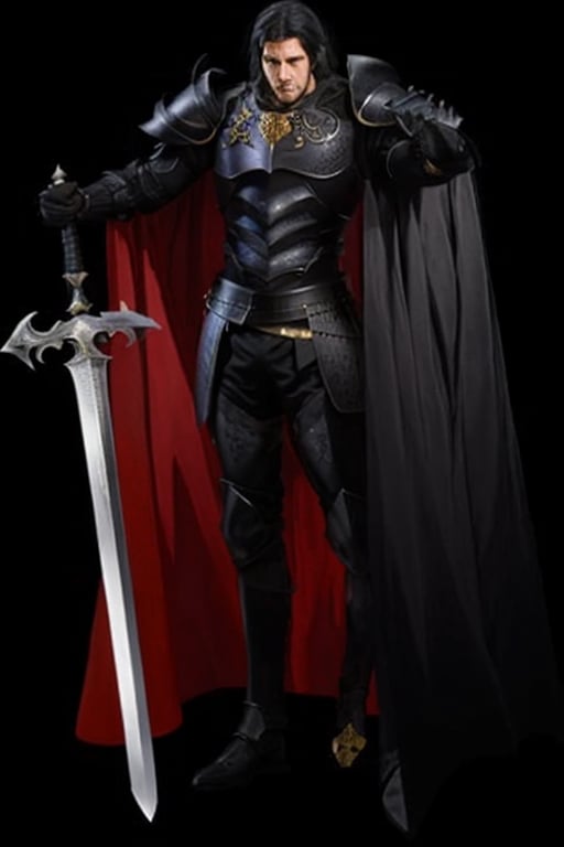 8K UHD photorealistic image, tall strong man, long black hair, black eyes, black full armor, black arm and leg armor, black large armor shoulder pads, black large armor collar, long black cape black color, large claymor sword