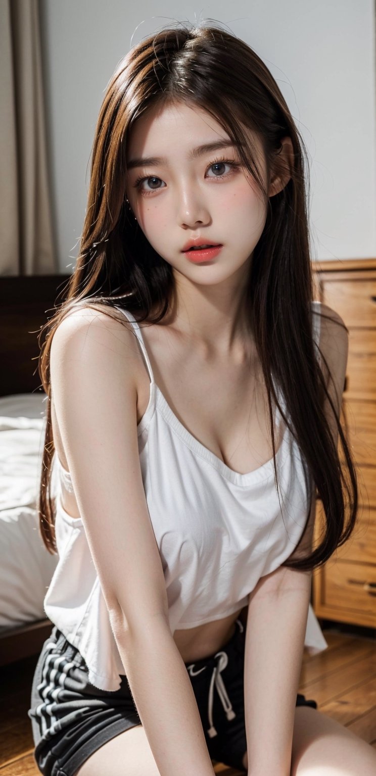 1girl, 16 years old, Korean girl, solo, ,masterpiece, high quality, highres, absurdres, high details,8k,HDR,raw photo,realistic, bokeh, shallow depth of field, beautiful eyes, high detail eyes, beautiful face, high detail face, high detail skin, beautiful hands, beautiful fingers, beautiful eyelashes, (open mouth:1.3), long brown hair, to make a strange expression with her face,(looking at viewer:1.2), hotel bedroom, , wear white shirt and black shorts , sitting on floor, hands in front of chest