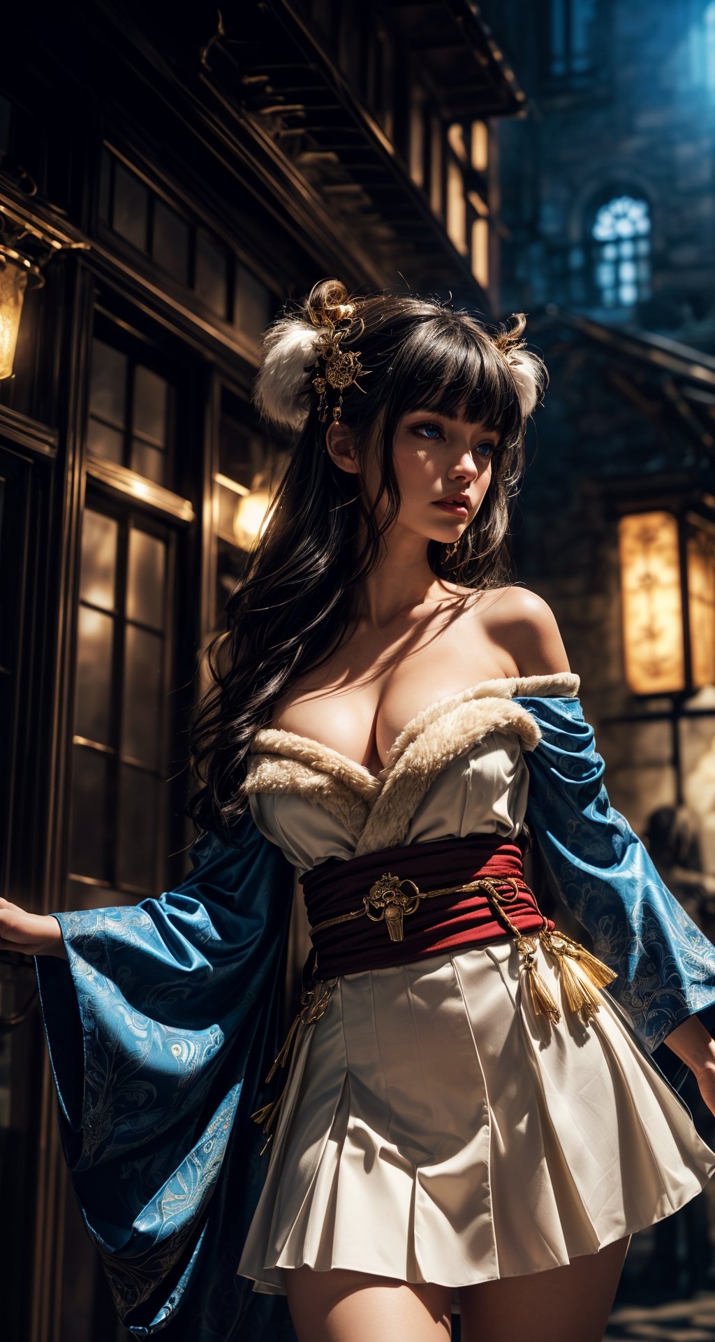 1girl,  castle,  showing hairy pussy, standing in front, looking at viewer, from below, Fantasy art, digital art, delicate lines and textures, realistic and rich art, art of imaginative motifs,  long hair, fringe, black hair,  blue eyes, cleavage, white skirt, blunt bangs, japanese clothes, fur trim, off shoulder, wide sleeves,  hair ornament, short kimono, geta, magatama, magical creatures, fantastic landscapes, surrealism, cinematic, rough shadows, vivid colors, Rich colors, light and shadow, three-dimensional lighting, combination of various colors and shades, a lively and deep art, volume lighting, black lighting hair, Film light, dynamic lighting, good anatomy, solo