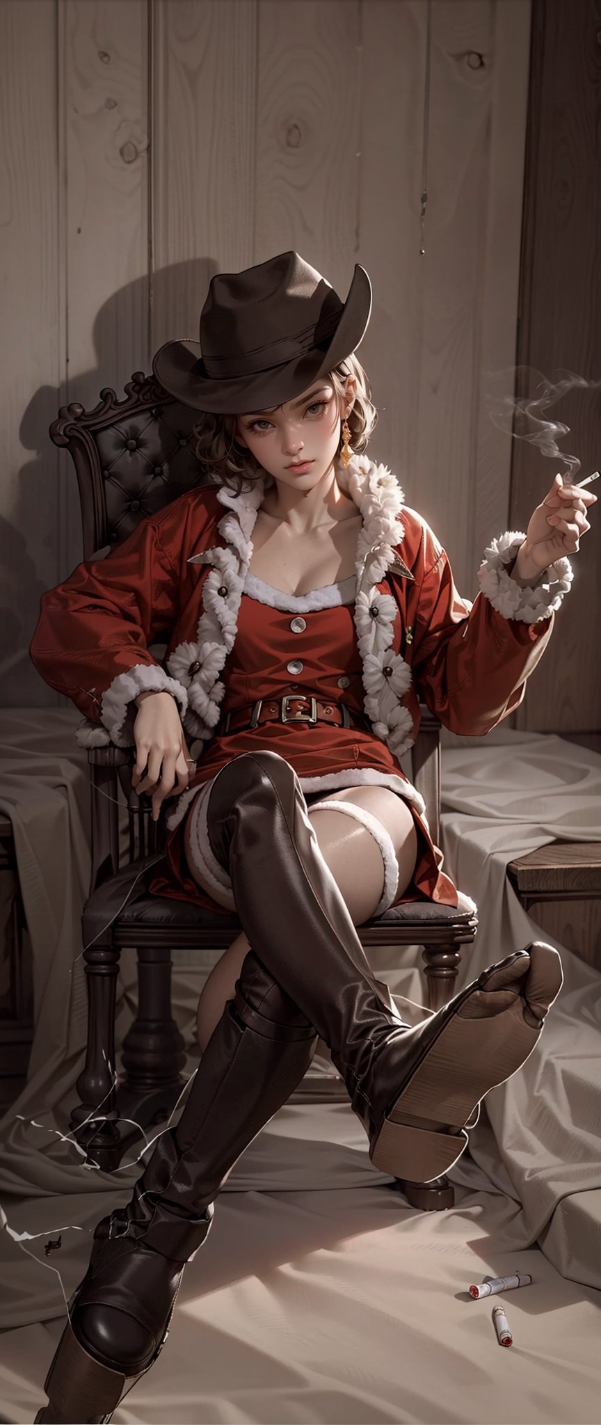 (masterpiece, top-quality, 8K), Dark Interior, Wild West salon, female sheriff in sexy Santa costume, sitting on a chair with her feet on the table, blonde short hair, holding a cigarette in her hand, detailed skin, detailed eyes, red mini dress, mini skirt, thighs visible, red long boots, cigarette smoke, dusty air, View from above, (In sepia tones:1.1), NoirStyle,NoirStyle