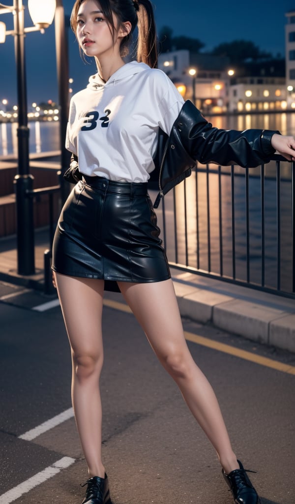 Prompt: (((32K CG, UHD, detailed view))),()(Full-length))),(((full body:1.3))) (RAW photo, best quality), (realistic),photo, masterpiece, 1girl, ponytail, looking at viewer, hoodies, jacket, shorts, at night outdoor, harbor, street, full body, (light smile:0.7),blush, long shot,photorealistic,Secretary_uniform,white_shirt,black_leather_skirt,black_stockings