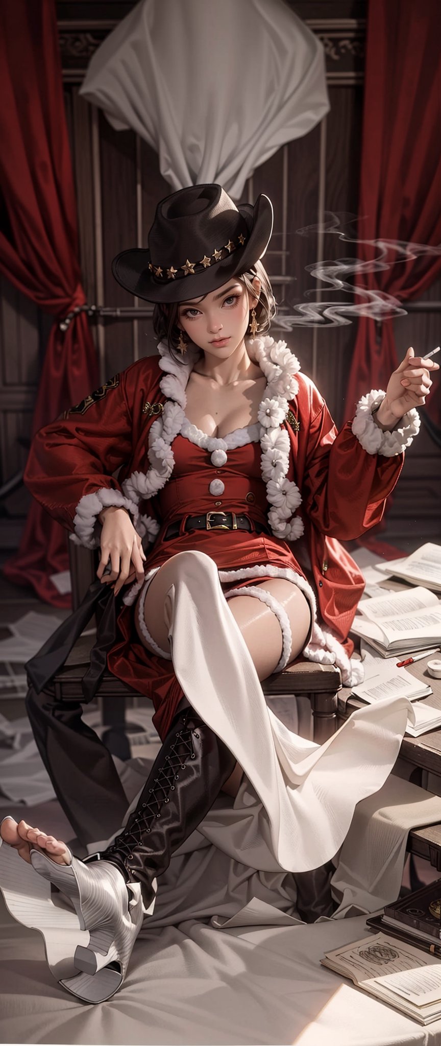(masterpiece, top-quality, 8K), Dark Interior, Wild West salon, female sheriff in sexy Santa costume, sitting on a chair with her feet on the table, blonde short hair, holding a cigarette in her hand, detailed skin, detailed eyes, red mini dress, mini skirt, thighs visible, red long boots, View from above, (In sepia tones:1.1), NoirStyle,NoirStyle