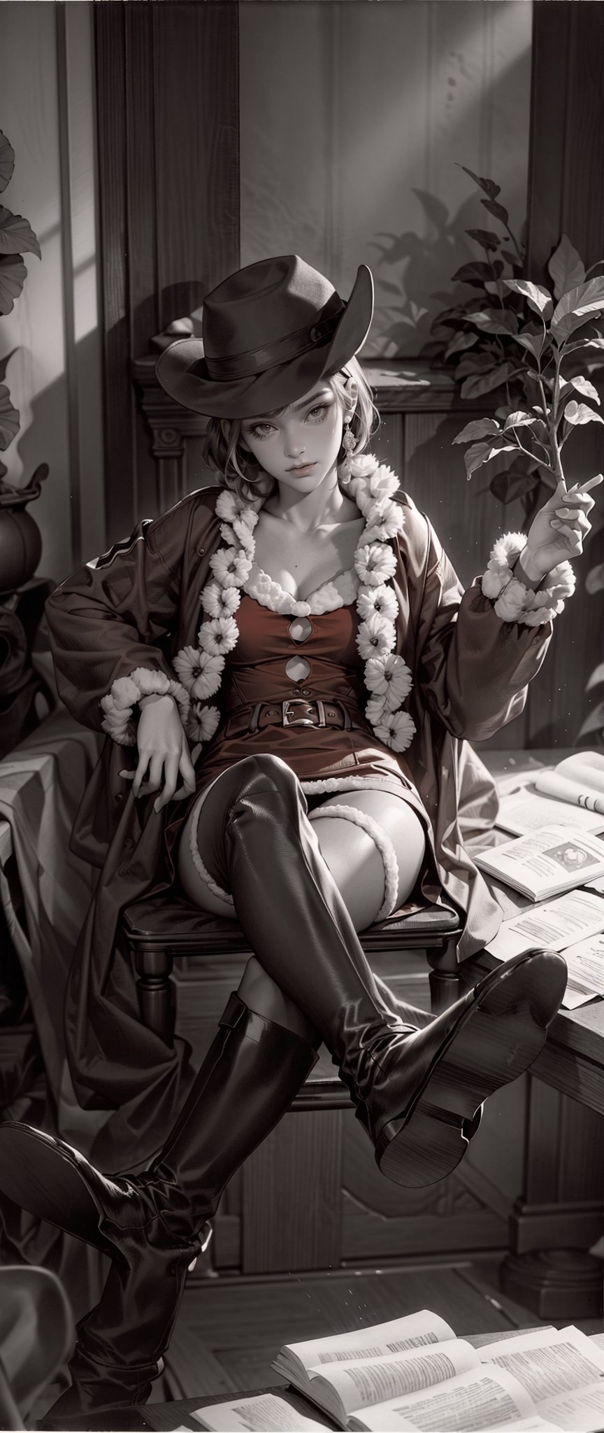 (masterpiece, top-quality, 8K), Dark Interior, Wild West salon, female sheriff in sexy Santa costume, sitting on a chair with her feet on the table, blonde short hair, holding a cigarette in her hand, detailed skin, detailed eyes, red mini dress, mini skirt, thighs visible, red long boots, View from above, (In sepia tones:1.2), NoirStyle,NoirStyle