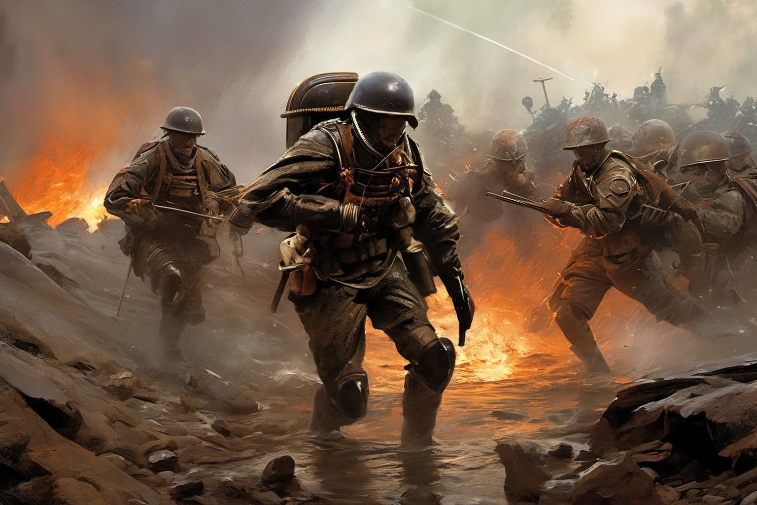 War Cinematic, soldiers wearing exoskeleton armor,dramatic,explosion from artillery, detail,complex_background,beautiful,greg rutkowski,german style armor,chaos,worls war 2 steam punk style, foggy,many soldiers,extremely dangerous, extremely detail ,art by sargent,amputated, bloody puddle, battle_stance, trench attack