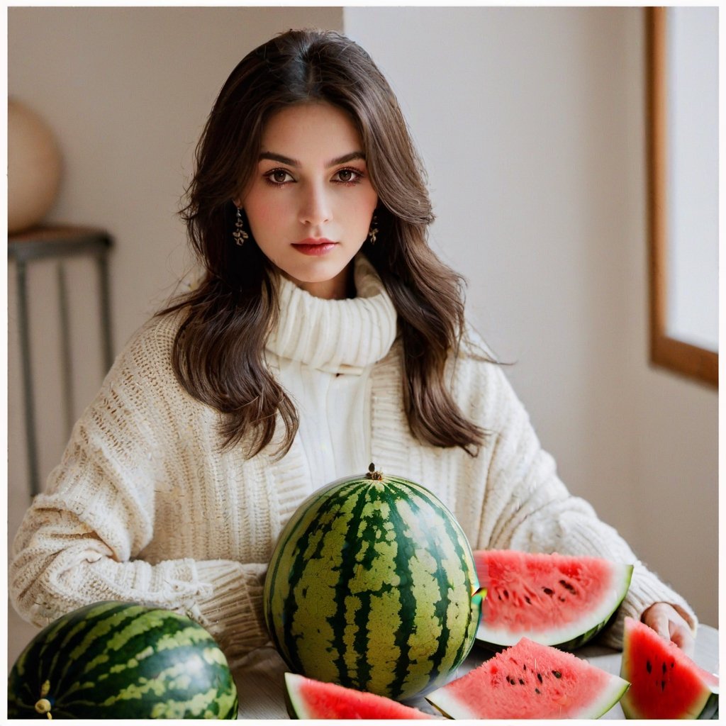 Spanish princess, beautiful eyes, warm clothing, winter vibe, natural lighting, warm room, table, watermelons