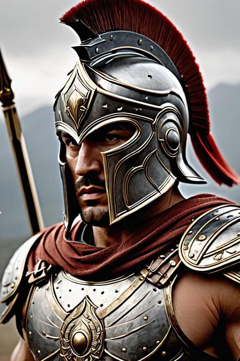 Male spartan warrior in a battle ground, facing camera, finely detailed helm, armor, spear and shield, intricate design and details, ultra detailed, highest detail quality, ultra realistic, photography lighting, overcast reflection mapping, photorealistic, cinemeatic, movie quality rendering, octane rendering, focused, 8k, depth of field, real shadow, vfx post production,