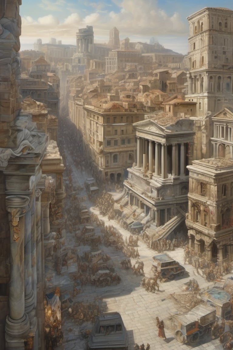 Create a close-up image from above depicting a street corner of an ancient Roman city with large buildings, clean streets, showing prosperity, exact precisionism rendering, simple composition, the temple of truth is white, reginald marsh, portrait of daemons, opal statues adorned in jewels, denis sarazhin