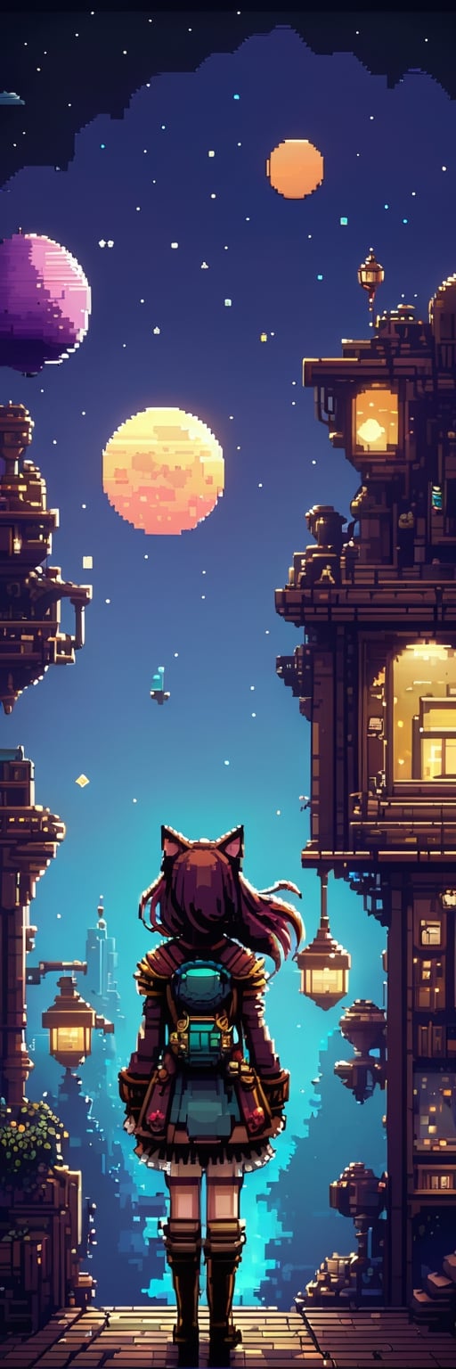 Pixel-Art Adventure featuring a Girl: and a Cat Pixelated girl character, vibrant 8-bit environment, reminiscent of classic games.,Leonardo Style 
((Full Moon)) Planets (((Night Sky))),steampunk style