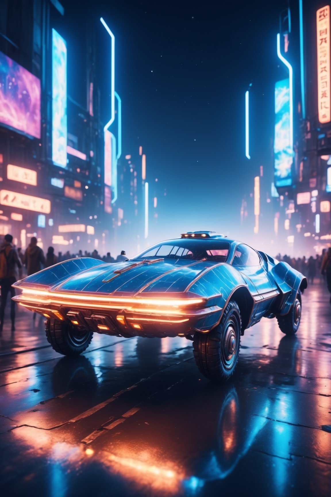 a classic retro-futuristic anti gravity car floating above the ground, motion blur, super fast speed, Bioluminescence, bloom, glare, lensflare, cinematic light, electric spark, cyborg style,Movie Still,cyberpunk style,neon photography style