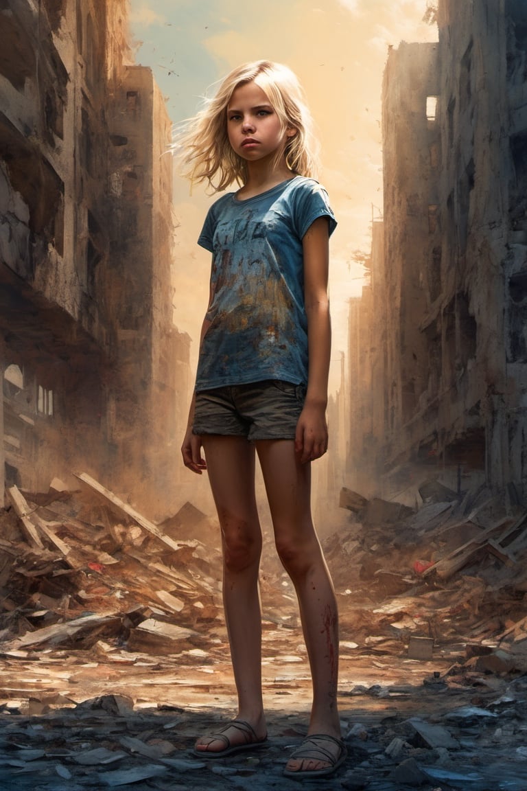 full body Masterpiece of a slim (11 year old), blond, (european), ((dirty)), (girl), ((dirty face)), sad and angry face, looking at camera, ((dirty hair)), ((matted hair:1.5)), ripped_clothes, ((dirty_clothing:1.5)), without shoes, ((barefoot)), standing in the ruins of a futuristic megapolis, junk in the streets, on a very hot day, pencil sketch, pen, acrylic, ink, drawing, painting, full body, perfect light, highly detailed, coloration, beautiful face,AngelicStyle