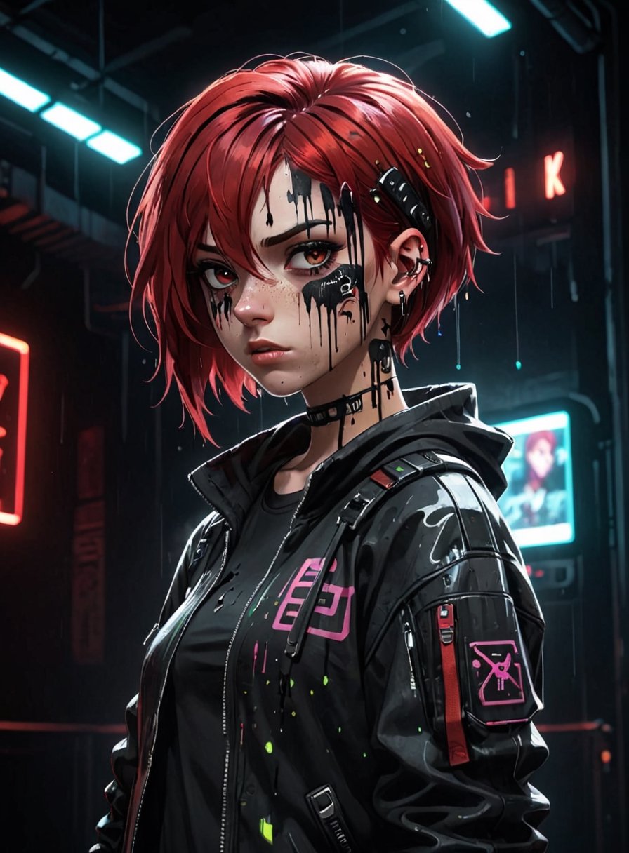 anime teenage girl in a cyberpunk movie theater, teary eyes, teenage outfit, black and red hair, serious fashion style, dark theme style, punk style, short hair, black background, black paint dripping heavily from eyes and mouth