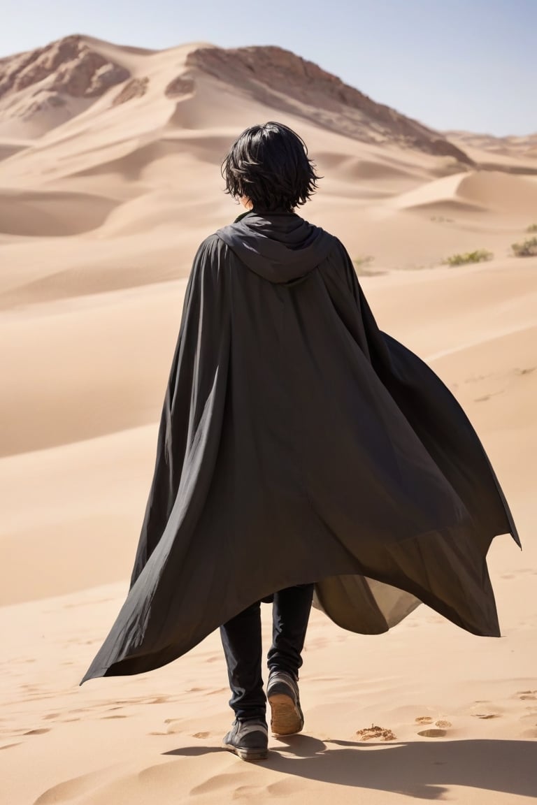 solo, black hair, 1boy, holding, standing, male focus, outdoors, from behind, cape, wind, cloak, sand, desert