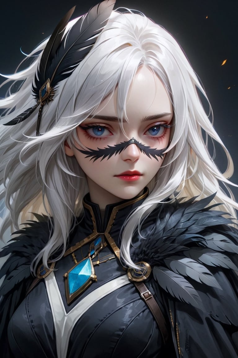 high quality, high detail, masterpiece, beautiful, (general plane ), 1 girl, large white hair, dark clothes whit dark feather details, covered eyes with a cloth dark, animeliner, desillusionRGB, portrait, sad, closeup, sci-fi, fantasy,