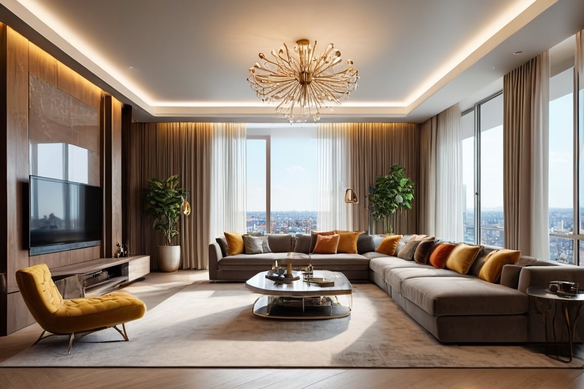 Photograph of a beautiful luxurious living room, Modern luxury penthouse apartment Interior Style, ((masterpiece))), best quality,ultra-detailed, 8k, wallpaper, extremely delicate and beautiful, highresolution, ray tracing, (realistic, photorealistic:1.4), professional lighting, photon mapping, radiosity, physically-based rendering, colorful modern Interior Design as seen on Dezeen