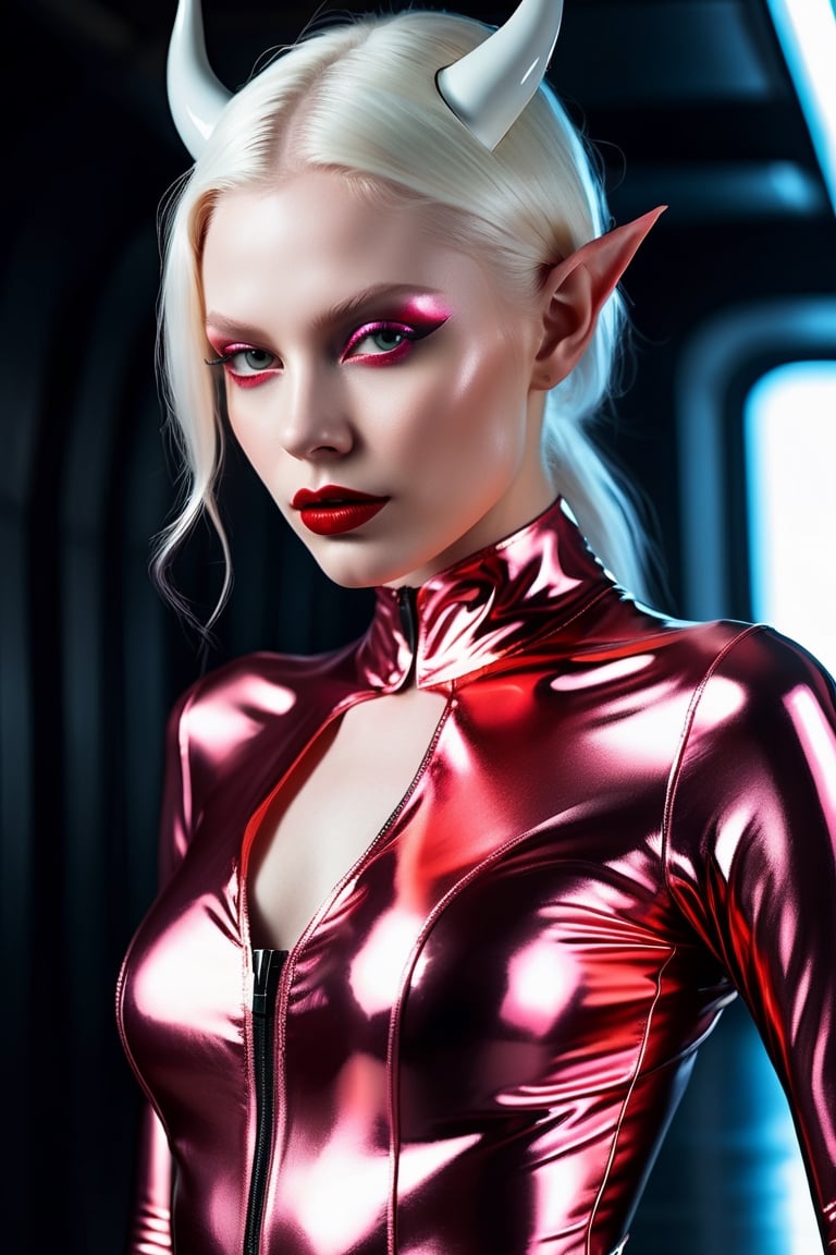 Ultra Realistic,perfect symmetry design, 1 girl, (masterful), albino demon fairy, dark magic, Devil soul, Jinn,girl clad in a sleek and shiny racing suit, radiating confidence and elegance. Envision the form-fitting suit hugging her curves,The fabric gleams with a lustrous sheen, reflecting the ambient light in mesmerizing patterns. Her expression is determined yet alluring,