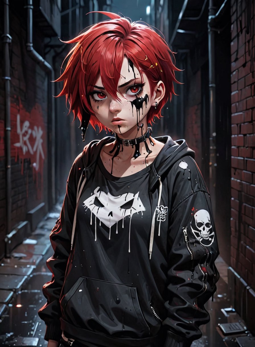 anime teenage girl on a alley, teary eyes, teenage outfit, black and red hair, serious fashion style, dark theme style, punk style, short hair, black background, black paint dripping heavily from eyes and mouth