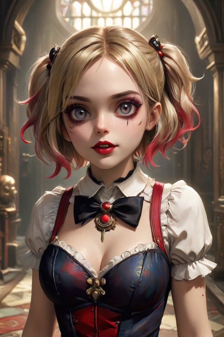 very aesthetic, absurdres, 1girl, Harley Quinn, (looking at viewer:1), Shut Down, wavy mouth, solo, wearing BioShock outfit, BioShock background, clean face, intricate details, (extremely detailed, amazing quality, best quality, HDR, UHD, perfect anatomy), ((RAW photo, extremely details, high quality)), (symmetrical eyes, symmetrical face), ((detailed atmosphere)), (((high resolution, 8k, best quality, ultra high definition, great detail of textures))), OverallDetail