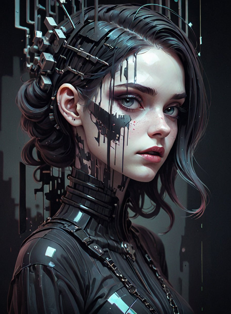 glitch girl, by Anna Dittmann, cgsociety, gothic art, dystopian art, detailed painting, behance hd, deep photography, Ilford HP5 film, crushed blacks, depth of field, dark photo, film grain, shadows, natural light