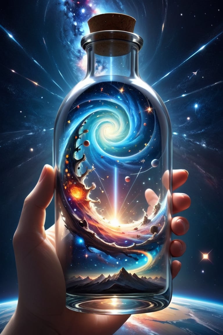 Trapped within the confines of a glass bottle lies the topology of the cosmos, a mesmerizing spectacle captured in miniature. Imagine intricate patterns of swirling galaxies and celestial bodies, delicately etched onto the transparent surface of the bottle. Each intricate detail, from the spiral arms of distant galaxies to the shimmering clusters of stars, is meticulously rendered, creating a breathtaking panorama of the universe within the palm of your hand. As light filters through the glass, the cosmic tableau comes to life, casting enchanting shadows and reflections that dance across the room. It's a poetic encapsulation of the vastness and beauty of space,