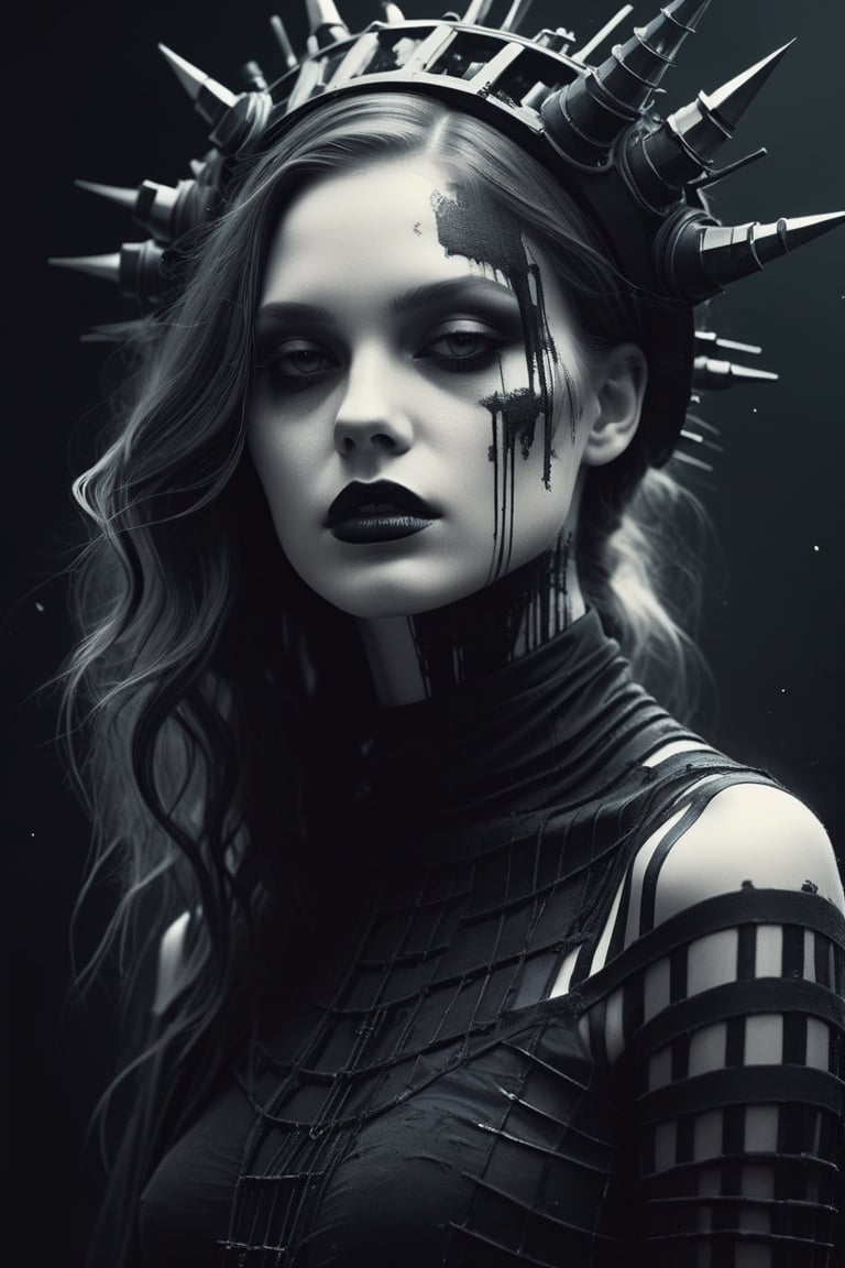 glitch girl,  by Anna Dittmann,  cgsociety,  gothic art,  dystopian art,  detailed painting,  behance hd,  deep photography,  Ilford HP5 film,  crushed blacks,  depth of field,  dark photo,  film grain,  shadows,  natural light