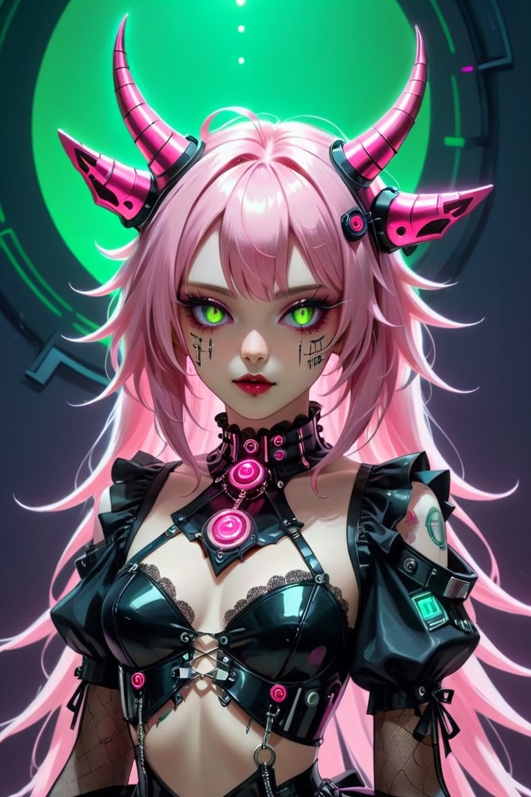 kawaii robotic cyberpunk Lolita girl, with led plastic horns, view from below,Depth and Dimension in the green Pupils, gracefully crystalline cheeks, her attire adorned with intricate pink lace and dark, ethereal fabrics,elegantly complement her elaborate hairstyle, creating a mystical and captivating presence,eyes reminiscent of acyberpunks's gaze, exude an otherworldly charm, adding a touch of fantasy to the Gothic Lolita aesthetic,The fusion of traditional Lolita elements with cyberpunk-inspired details results in a unique and enchanting character,cyber-themed,goth person,lolita_fashion,echmrdrgn, (cyberpunk colors, grunge but extremely beautiful:1.4), dark futuristic background,