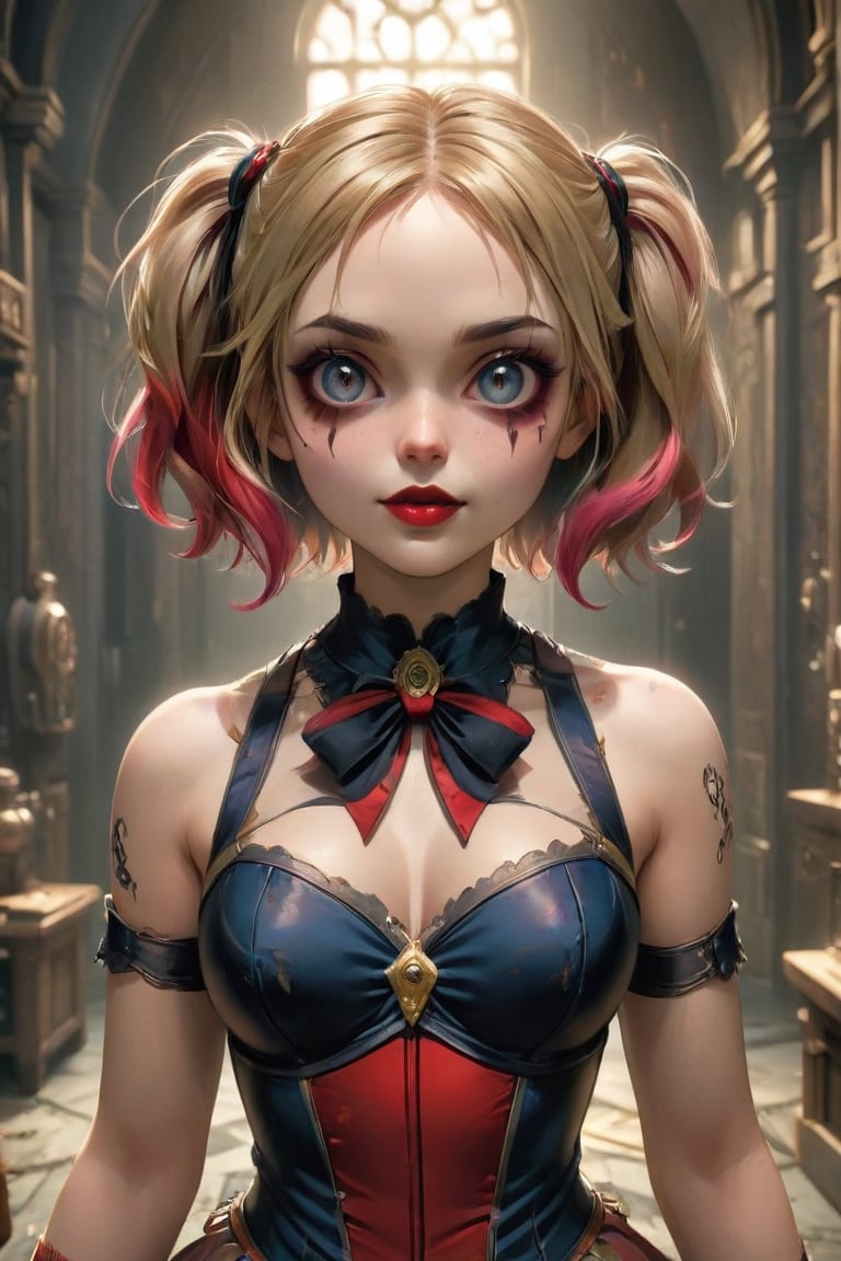 very aesthetic, absurdres, 1girl, Harley Quinn, (looking at viewer:1), Shut Down, wavy mouth, solo, wearing BioShock outfit, BioShock background, clean face, intricate details, (extremely detailed, amazing quality, best quality, HDR, UHD, perfect anatomy), ((RAW photo, extremely details, high quality)), (symmetrical eyes, symmetrical face), ((detailed atmosphere)), (((high resolution, 8k, best quality, ultra high definition, great detail of textures))), OverallDetail