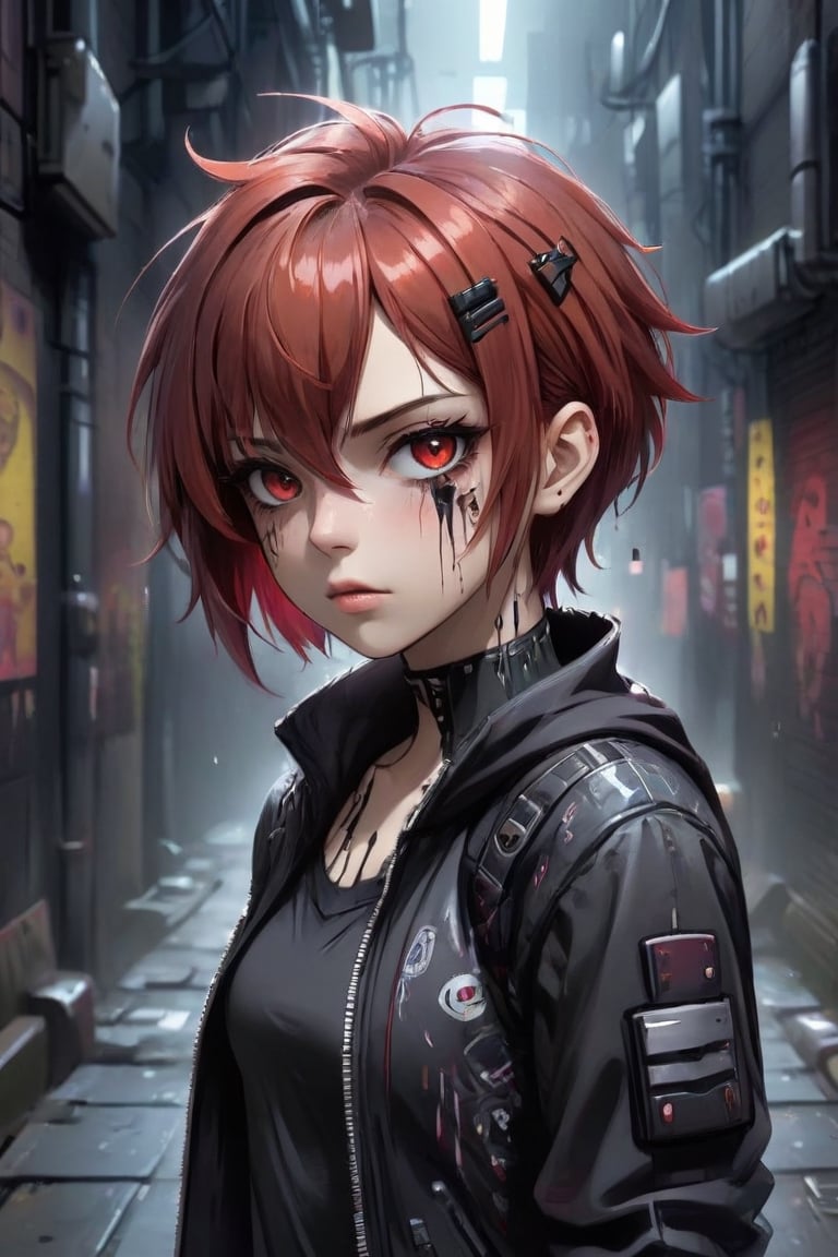 anime teenage girl on a cyberpunk bacstreet alley, teary eyes, teenage outfit, black and red hair, serious fashion style, dark theme style, punk style, short hair, black background, black paint dripping heavily from eyes and mouth