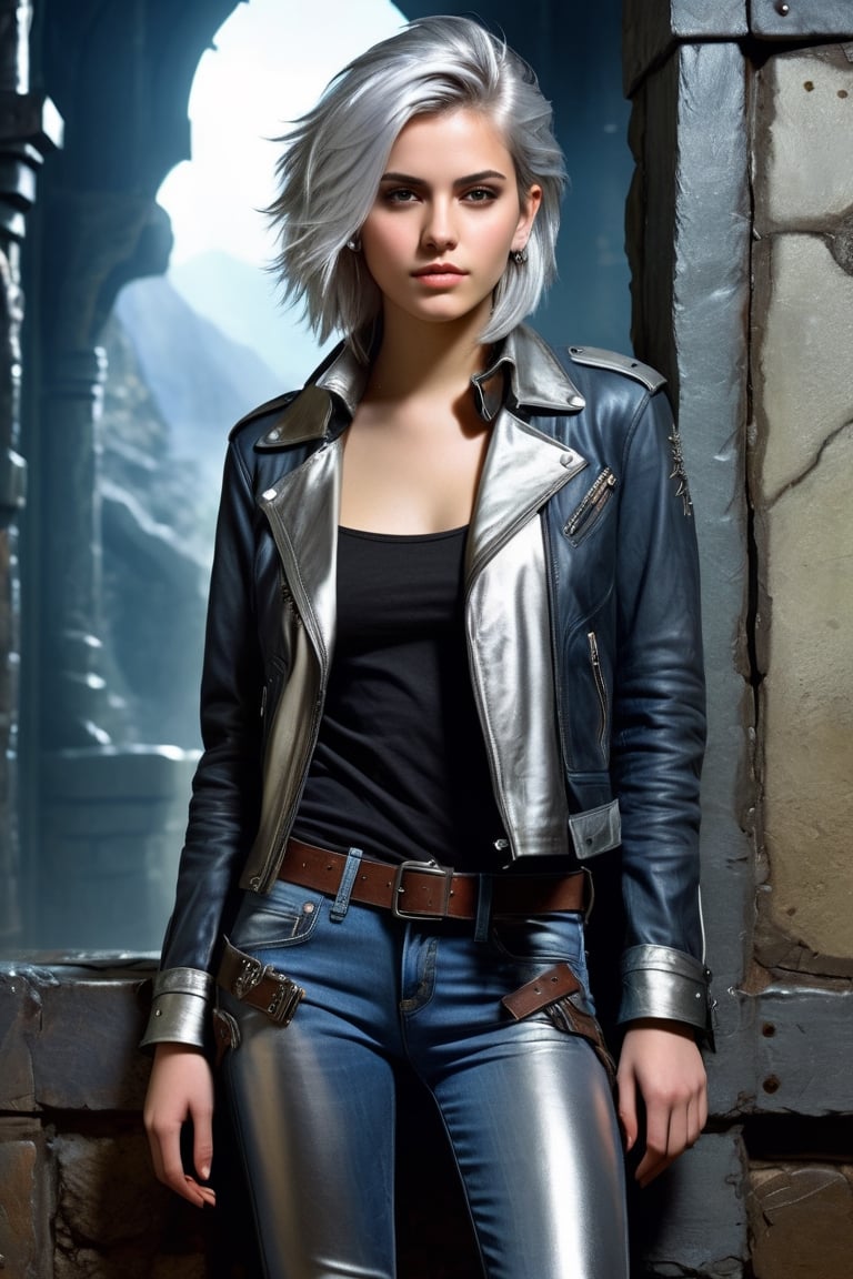 highly detailed, beautiful young woman, 20 years old, metallic silver hair, casual shirt, leather jacket, jeans, boots, ultra detailed face, (very detailed hair), rebels shelter background, fusion of final fantasy videogame and dungeon & dragons realm, high contrast, flat colors, cel shaded, Magical Fantasy,portraitart