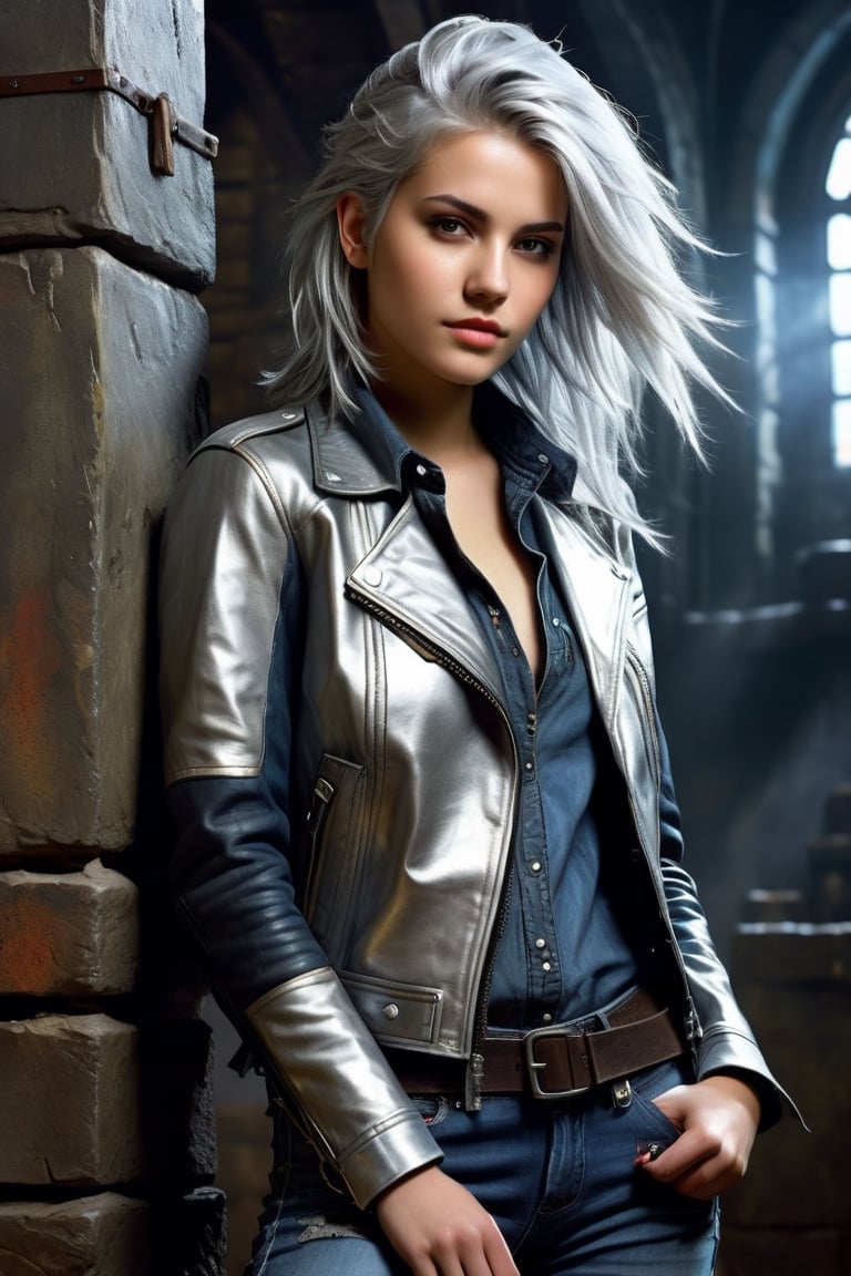 highly detailed, beautiful young woman, 20 years old, metallic silver hair, casual shirt, leather jacket, jeans, boots, ultra detailed face, (very detailed hair), rebels shelter background, fusion of final fantasy videogame and dungeon & dragons realm, high contrast, flat colors, cel shaded, by Richard Anderson,Magical Fantasy style,portraitart