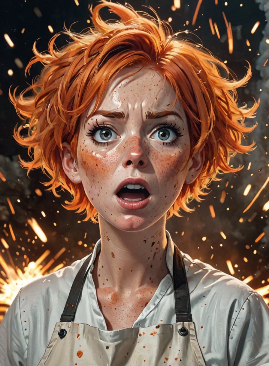 high quality, 8K Ultra HD, woman,evening,detailed face, messy short hair, orange hair, perplexed, beautiful, elegent, with laboratory apron, freckled, surprised by the explosion, physics, freckled woman, torn apron