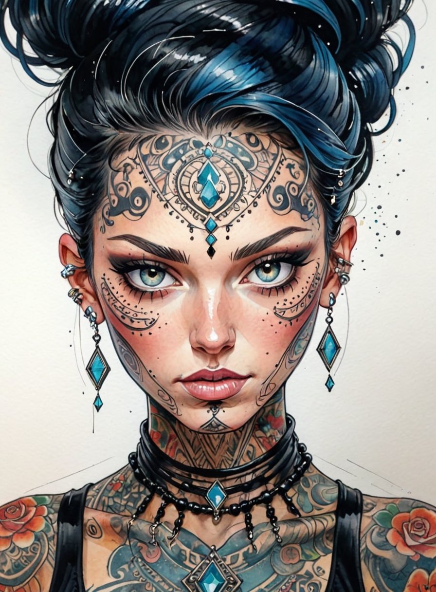 Gorgeous ink and watercolour illustration of a woman’s face close up, extreme close up, insane level of detail and incredible shading, beautiful lighting and hairstyle, intricate jewellery, tattoos and stitching on outfit