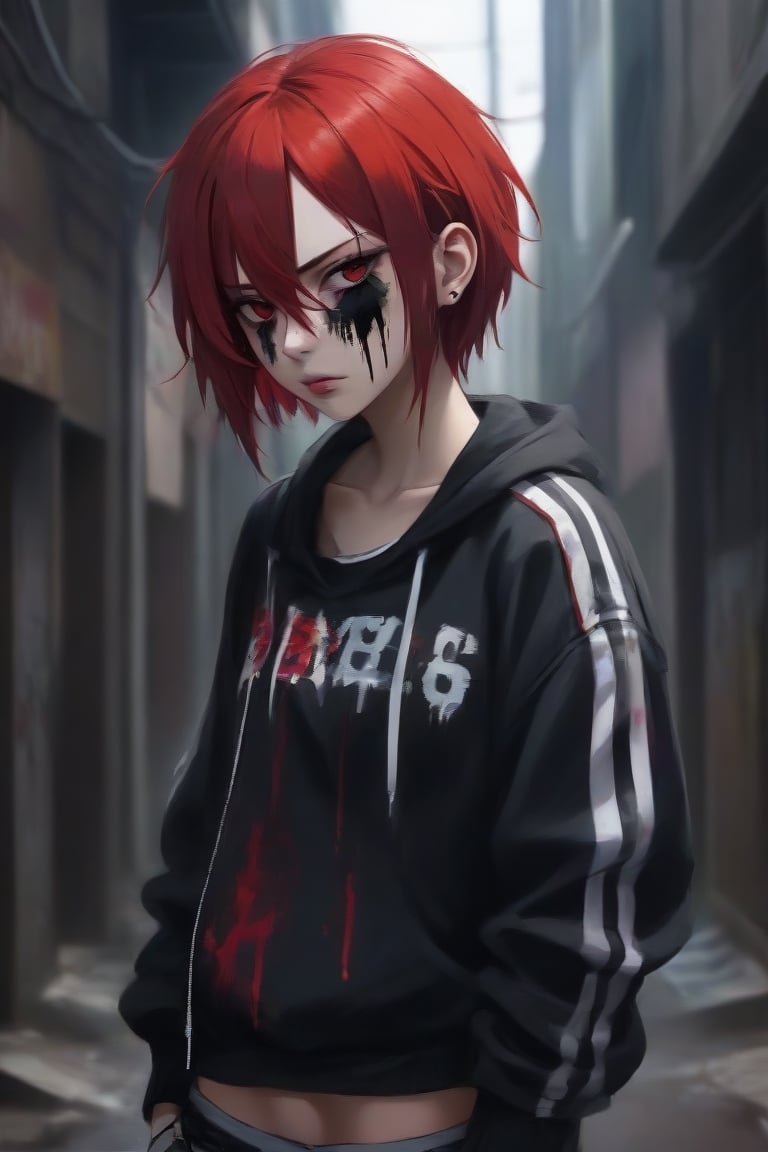 anime teenage girl on a bacstreet alley, teary eyes, teenage outfit, black and red hair, serious fashion style, dark theme style, punk style, short hair, black background, black paint dripping heavily from eyes and mouth