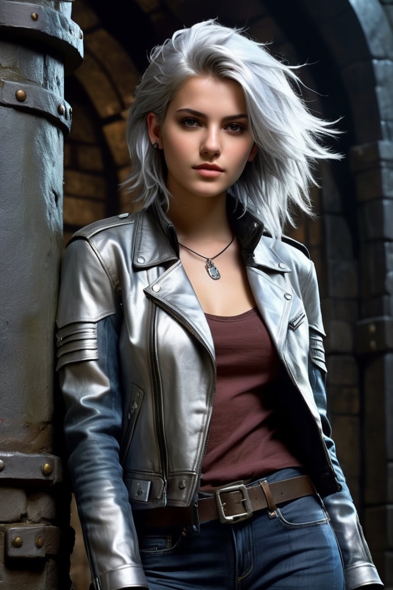 highly detailed, rpg style, beautiful young woman, 20 years old, metallic silver hair, casual shirt, leather jacket, jeans, boots, ultra detailed face, (very detailed hair), rebels shelter background, fusion of final fantasy videogame and dungeon & dragons realm, high contrast, flat colors, cel shaded, by Richard Anderson,Magical Fantasy style,portraitart