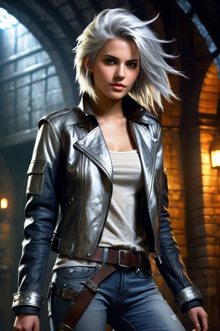 highly detailed, rpg style, beautiful young woman, 20 years old, metallic silver hair, casual shirt, leather jacket, jeans, boots, ultra detailed face, (very detailed hair), rebels shelter background, fusion of final fantasy videogame and dungeon & dragons realm, high contrast, flat colors, cel shaded, by Richard Anderson,Magical Fantasy style,3d toon style,portraitart