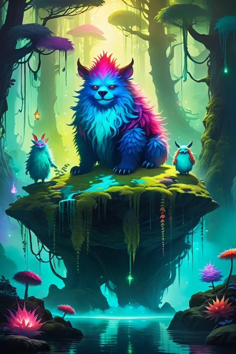 Furry beings in magical realms, enchanted forests, and floating islands. Radiant glows, mysterious mists, and vibrant palettes. Embrace the enchantment of Potma's artwork, portraying fluffy monsters in surreal and magical environments,