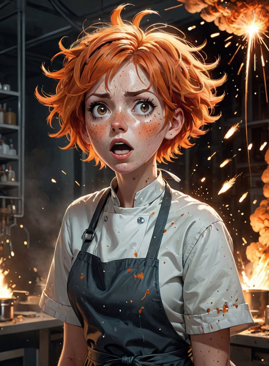 high quality, 8K Ultra HD, woman,evening,detailed face, messy short hair, orange hair, perplexed, beautiful, elegent, with laboratory apron, freckled, surprised by the explosion, physics, freckled woman, torn apron