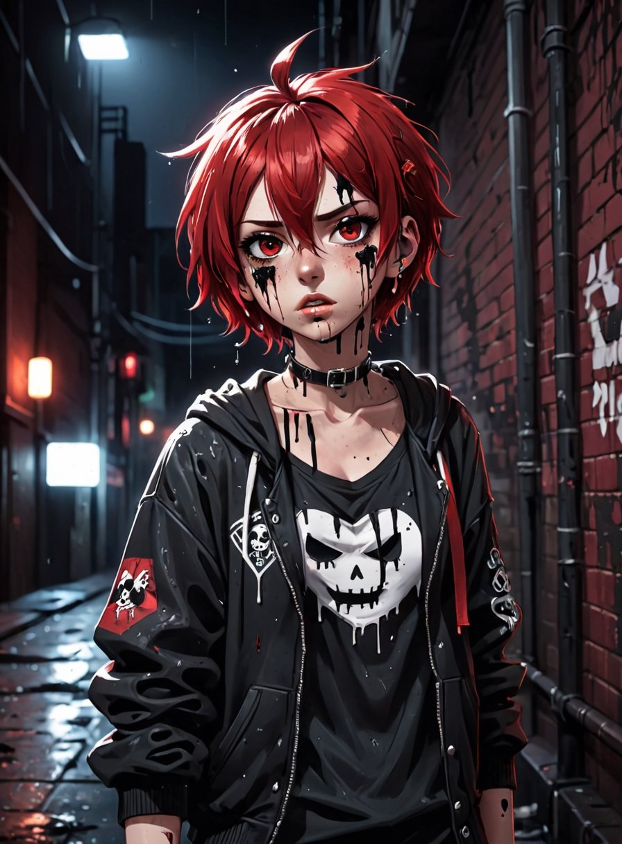 anime teenage girl on a bacstreet alley, teary eyes, teenage outfit, black and red hair, serious fashion style, dark theme style, punk style, short hair, black background, black paint dripping heavily from eyes and mouth