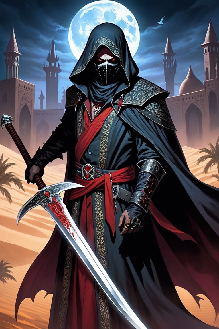 Middle Eastern-inspired vampire hunter, in the vein of Van Helsing, exuding an air of mystery and danger. Picture him clad in intricately embroidered robes, adorned with symbols of protection against the undead. His face obscured by a traditional keffiyeh, revealing only steely determination in his eyes. In one hand, he wields a curved scimitar, while the other holds a gleaming silver dagger, both engraved with ancient runes for banishing vampires. Behind him, the dusky skyline of a desert city looms, adding to the atmosphere of suspense and intrigue. Capture the essence of this enigmatic figure as he prowls the shadows, ready to confront the supernatural threats that lurk in the night. Dark Fantasy