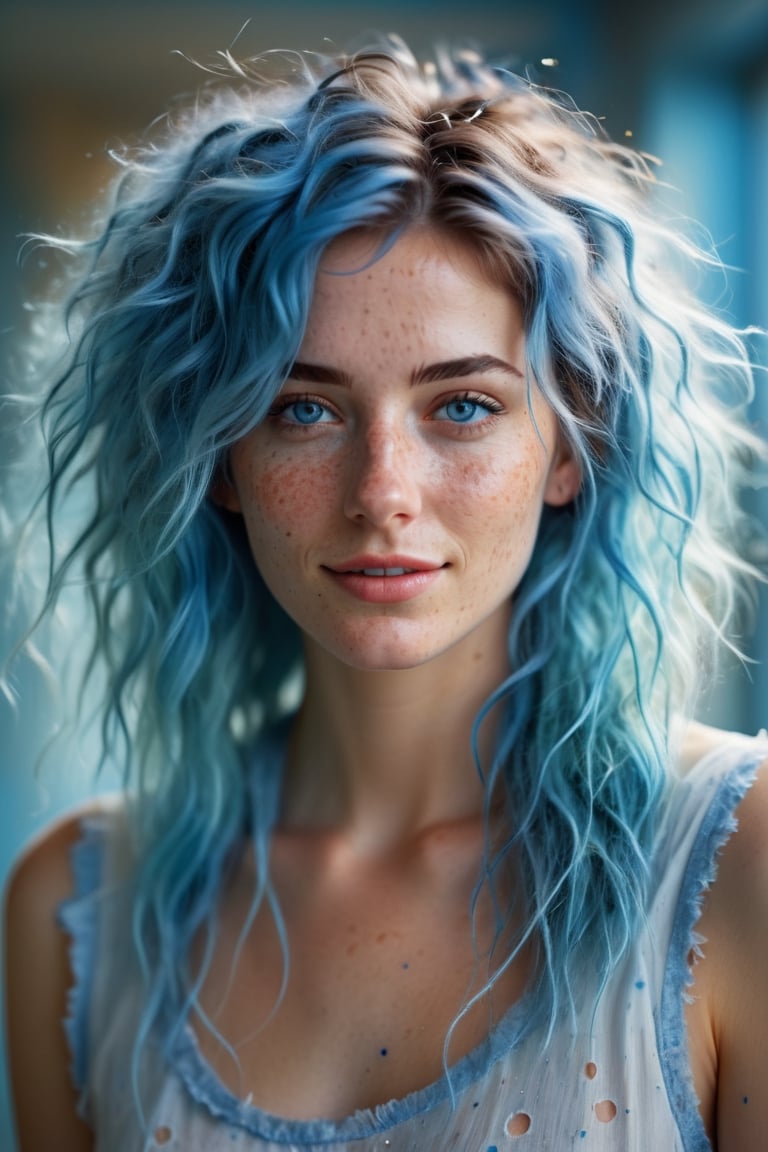 (best quality,4k,8k,highres,masterpiece:1.2),ultra-detailed,(realistic,photorealistic,photo-realistic:1.37),blue messy hair,light blue eyes,freckles,women,portrait,cinematic,bokeh,soft lighting,ethereal atmosphere,dreamy expressions,dynamic composition,textured background,vivid colors,subtle smile,graceful pose,professional,artistic,portrait photography