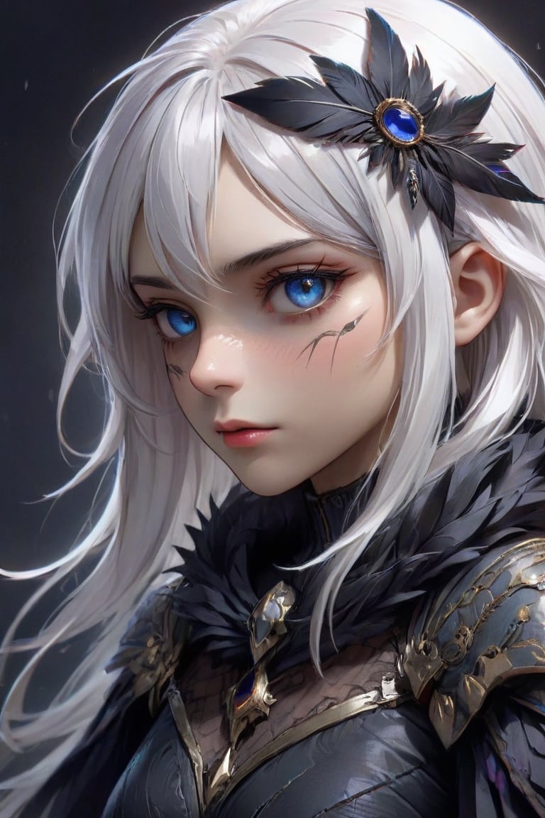 high quality, high detail, masterpiece, beautiful, (general plane ), 1 girl, large white hair, dark clothes whit dark feather details, covered eyes with a cloth dark, animeliner, desillusionRGB, portrait, sad, closeup, sci-fi, fantasy,